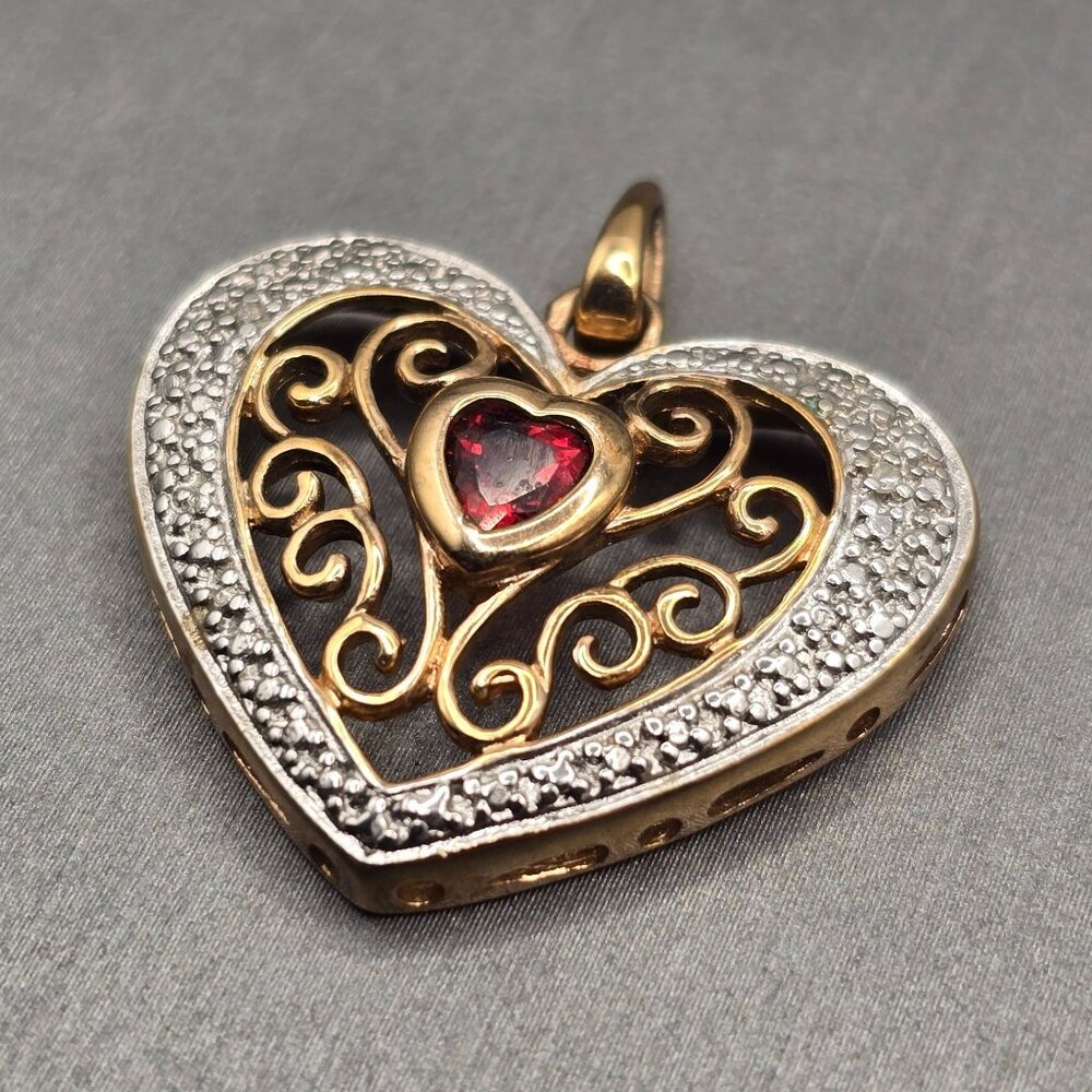 VTG Ross‑Simons Vermeil Sterling Heart Pendant Garnet & Diamond Accents 1" - Picture 2 of 9